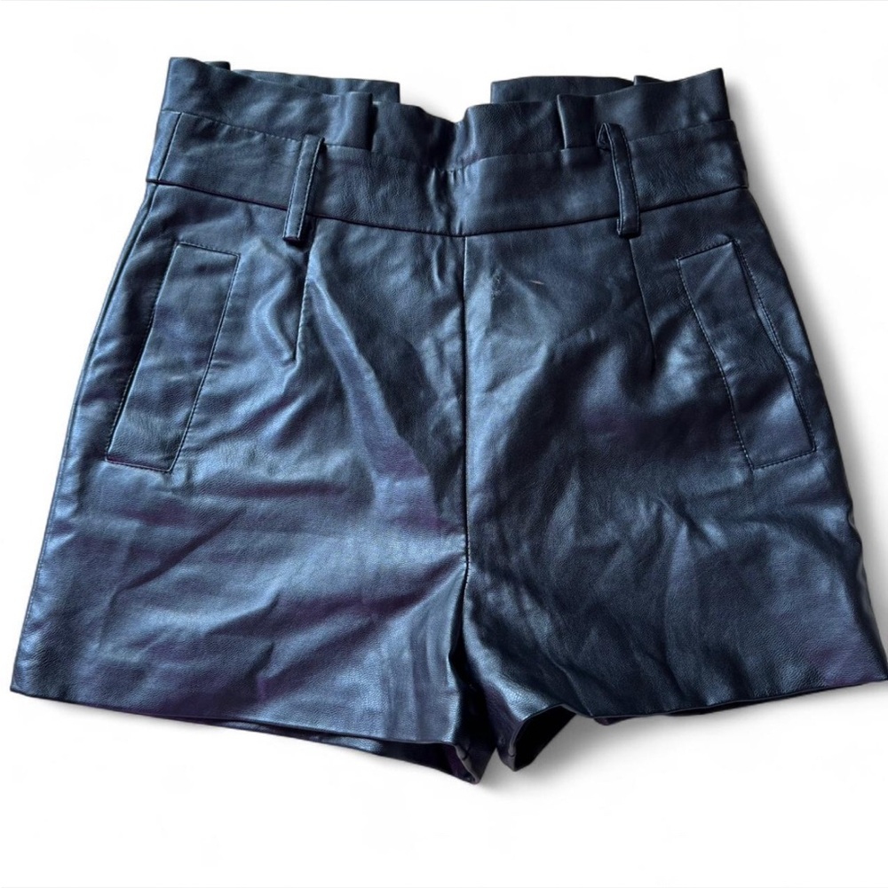 High Waist Navy Leather Shorts